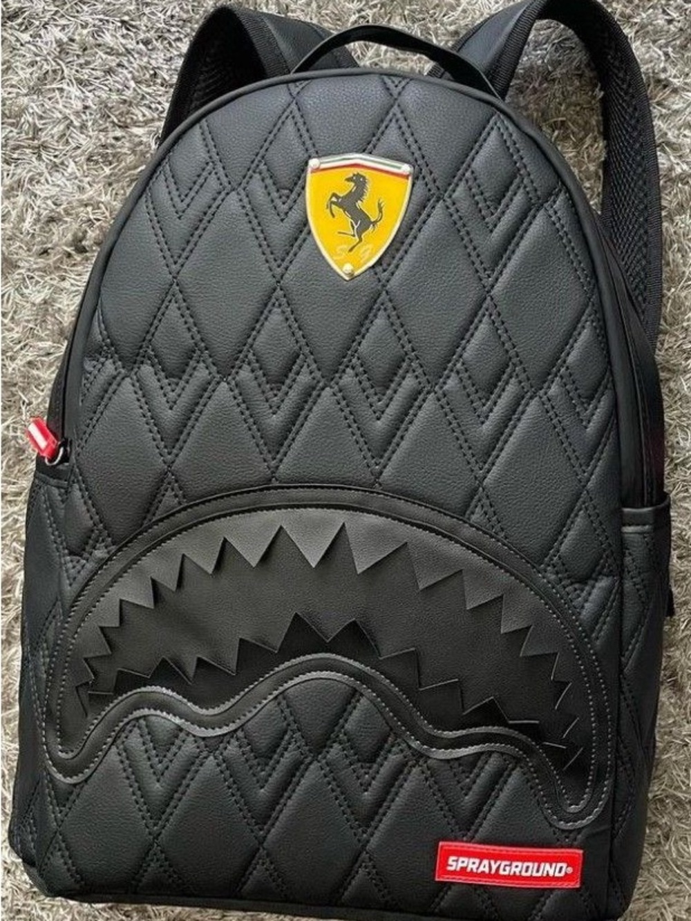 Sprayground Black Quilted Leather Backpack with Yellow Shield Patch
